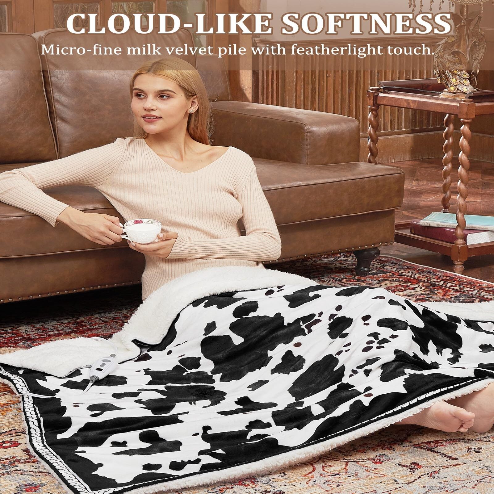 Garvee Heated Electric Blanket, 10 Heat Levels & 1-12h Time Settings Cow Print Heating Blankets,  ETL Certified, Machine Washable, Cozy Home Use