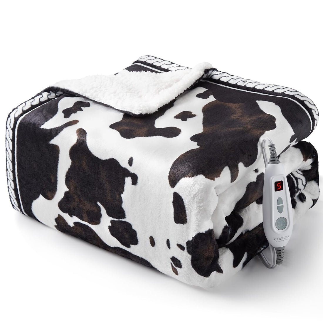 Garvee Heated Electric Blanket 50"× 60", Cow Print Fast Heating Throw Blankets with LCD Controller, 10 Heat Levels & 1-12H Time Settings Auto Off, ETL Certified, Brown White