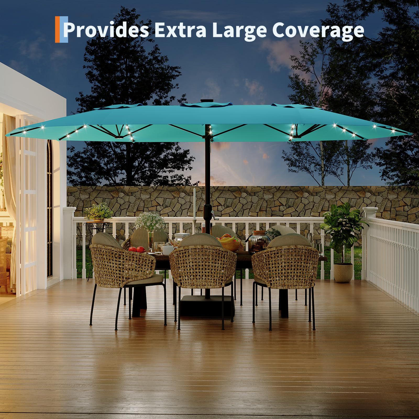 Garvee 15' Solar-Powered Patio Umbrella with 36 LED Lights, Double-Sided Design & Cross Base for Poolside, Deck, Backyard, Turquois