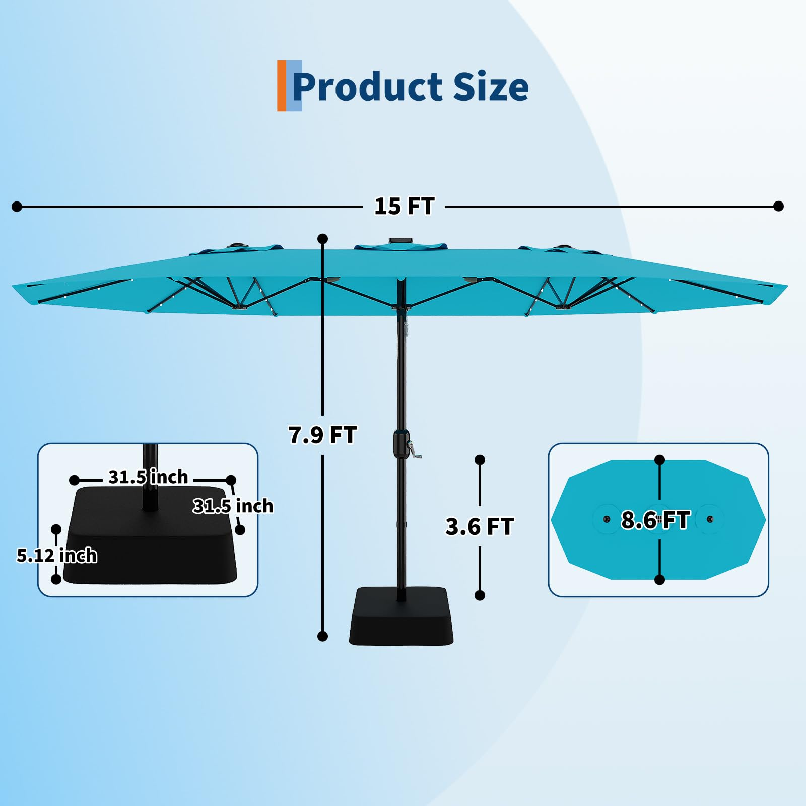 Garvee 15' Solar-Powered Patio Umbrella with 36 LED Lights, Double-Sided Design & Cross Base for Poolside, Deck, Backyard, Turquois