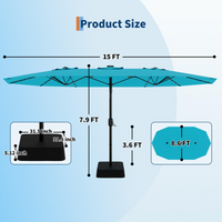 Garvee 15' Solar-Powered Patio Umbrella with 36 LED Lights, Double-Sided Design & Cross Base for Poolside, Deck, Backyard, Turquois