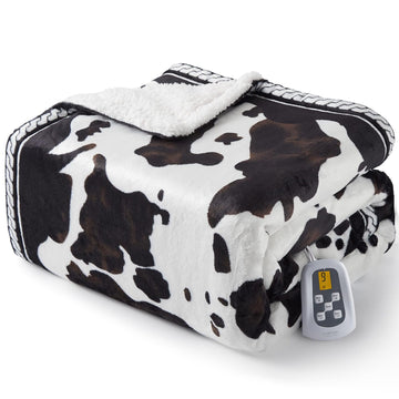 Garvee Heated Electric Blanket Full Size, Cow Print Fast Heating Throw Blankets with LCD Controller, 10 Heat Levels & 1-12H Time Settings Auto Off, ETL Certified, Brown White, 72" x 84"