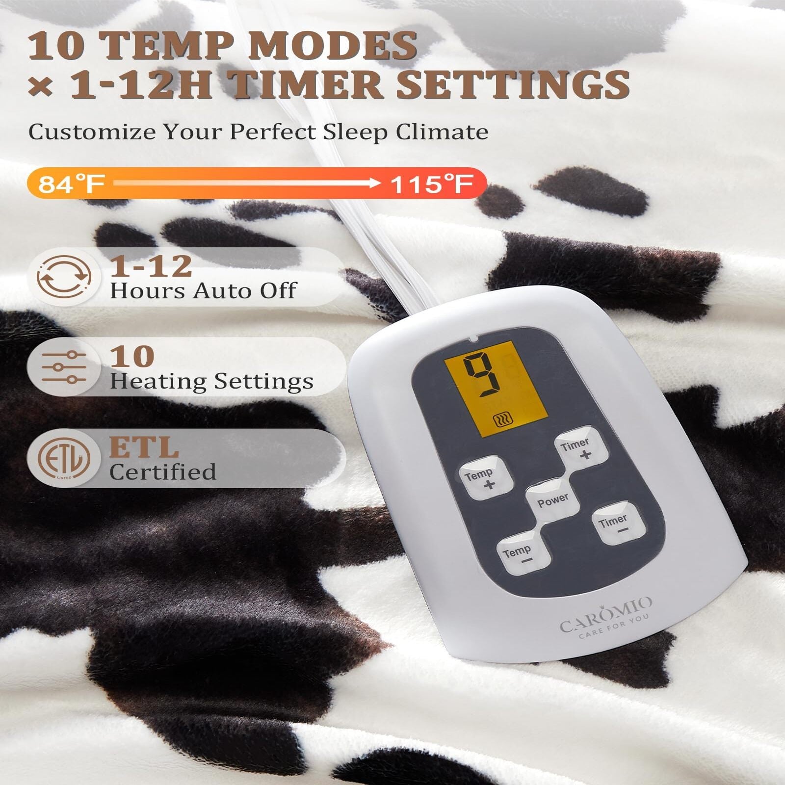 Garvee Heated Electric Blanket Full Size, Cow Print Fast Heating Throw Blankets with LCD Controller, 10 Heat Levels & 1-12H Time Settings Auto Off, ETL Certified, Brown White, 72" x 84"