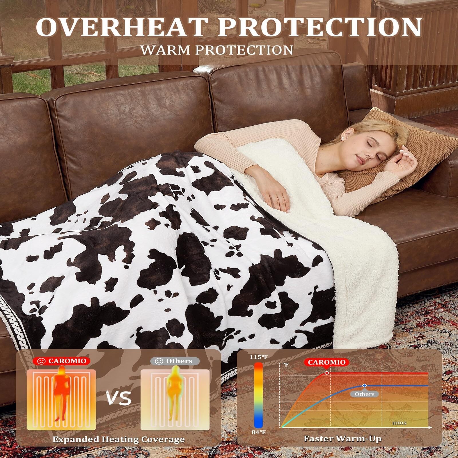 Garvee Heated Electric Blanket Full Size, Cow Print Fast Heating Throw Blankets with LCD Controller, 10 Heat Levels & 1-12H Time Settings Auto Off, ETL Certified, Brown White, 72" x 84"