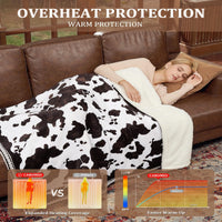 Garvee Heated Electric Blanket Full Size, Cow Print Fast Heating Throw Blankets with LCD Controller, 10 Heat Levels & 1-12H Time Settings Auto Off, ETL Certified, Brown White, 72" x 84"