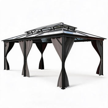 Garvee 12' × 20' Hardtop Gazebo, Double Polycarbonate Roof Aluminum Frame Patio Gazebo with Curtains & Netting, Grey