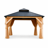 Garvee 10 × 10 ft Hardtop Gazebo, Cedar Wood Outdoor Gazebo with Double Galvanized Steel Roof, Mosquito Net & Curtains for Patio, Backyard and Garden - Brown