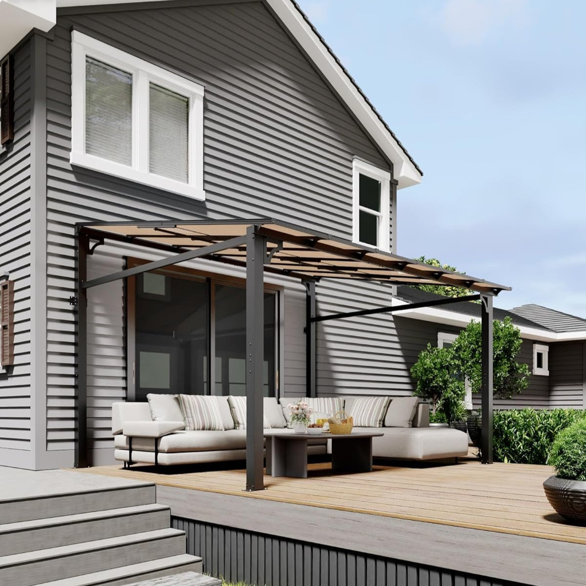 Garvee 10'x 14' Lean to Gazebo, Hardtop Wall Pergola with Polycarbonate Roof, Aluminum Frame Mounted Gazebo for Lawn Patio Deck Yard and Party