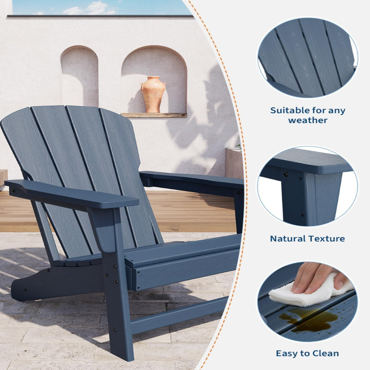 Garvee Adirondack Chair Set of 2 HDPE Plastic Oversize 380LB Weather Resistant Poly Lumber Wood Texture Navy Blue Outdoor Patio Deck Pool