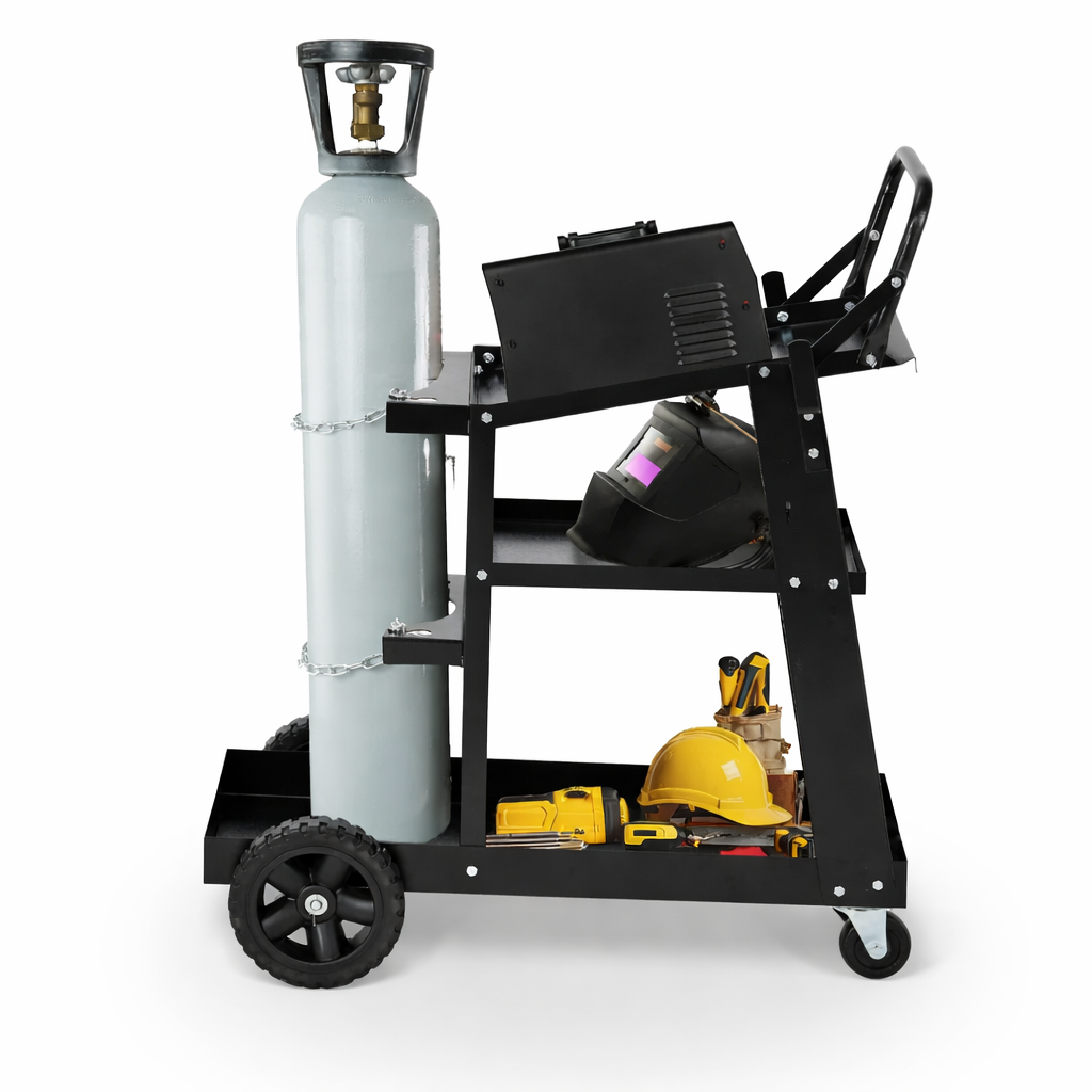 Garvee 3 Tier Welding Cart Heavy Duty Welder Cart With 360° Swivel Wheels Tank Storage Safety Chains Rolling MIG Welder Cart Black