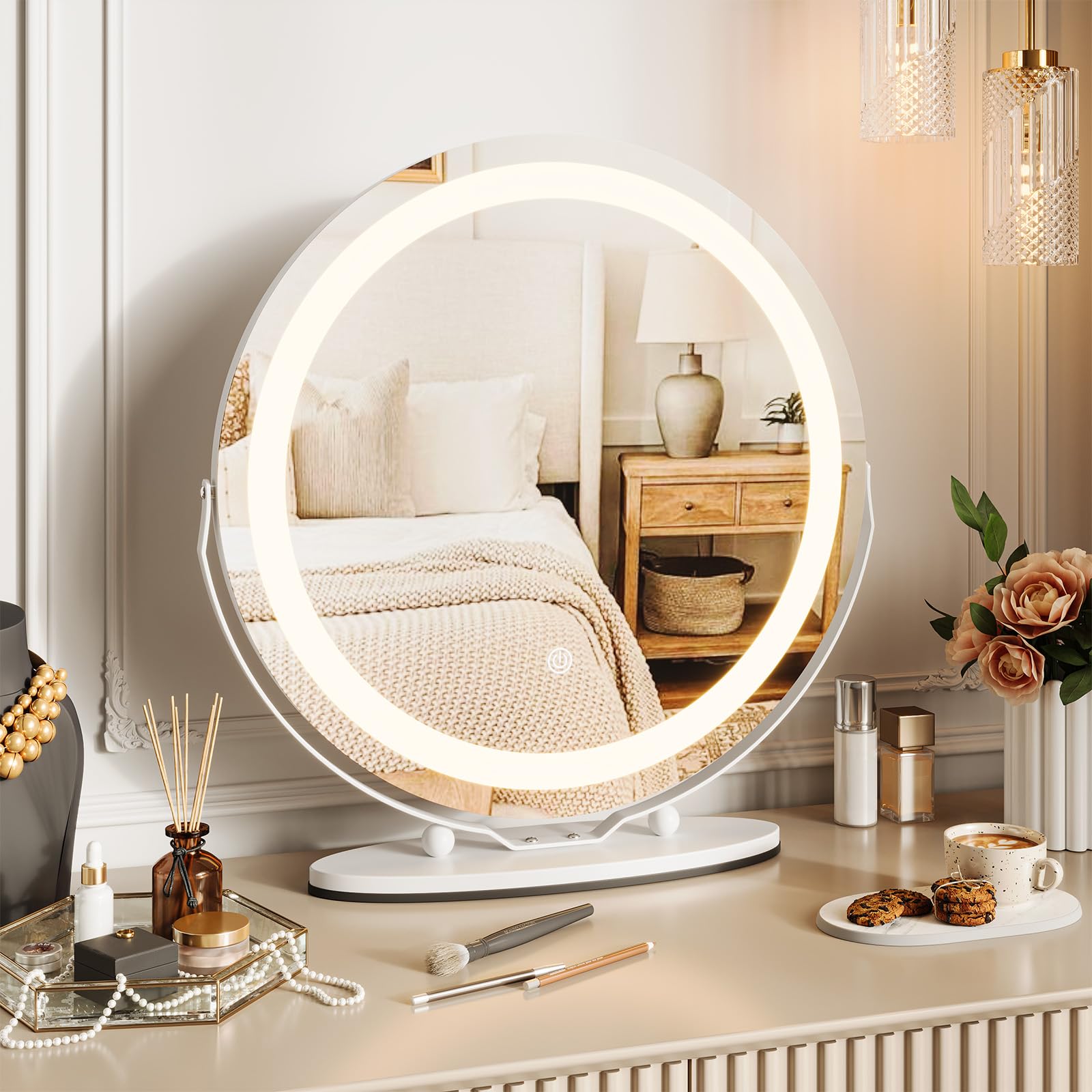 Garvee 19" Vanity Mirror with Led Lights, Large Round Makeup Mirror with Touch Control and 3 Color Lighting Modes, 360° Rotating Vanity Mirror for Bedroom, Table Top, Easy to Install, White