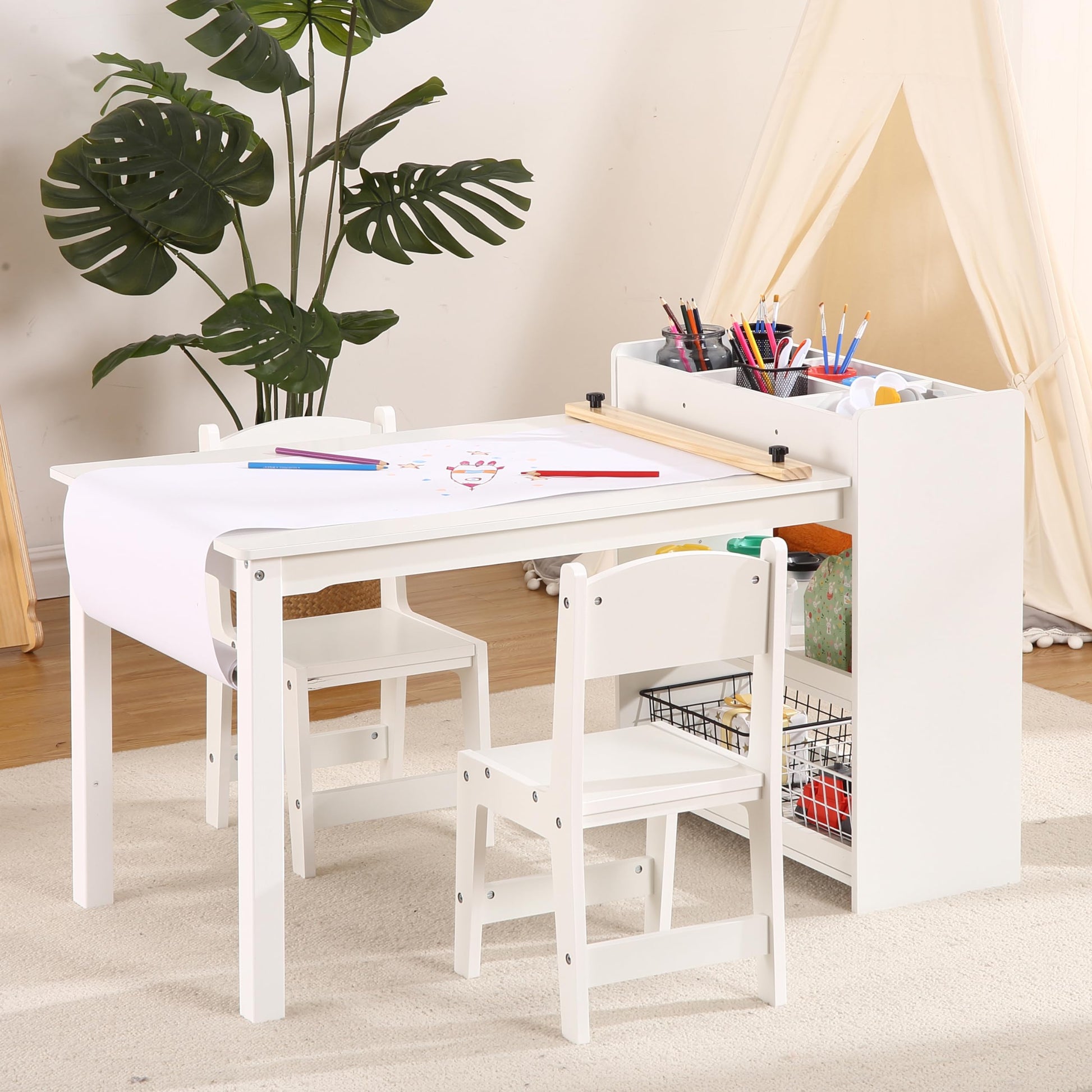 Garvee Kids Art Table with 2 Chairs, Toddler Craft Play Wood Activity Desk with Large Storage Shelves, Wood Activity Desk for Writing Drawing Suitable for Nursery & Classroom, White