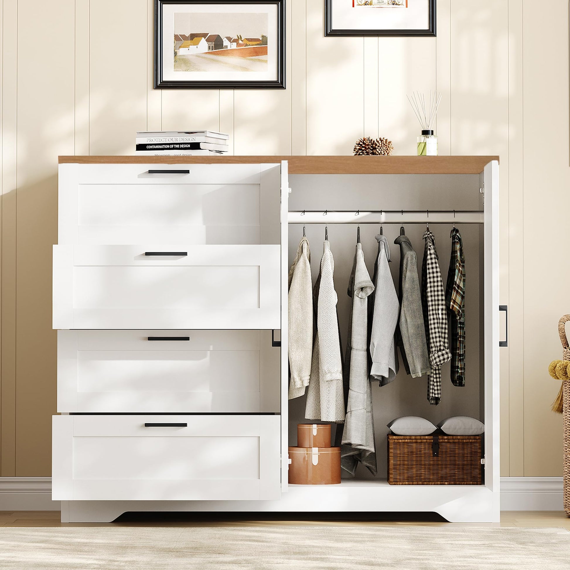 Garvee Multifunctional Wooden Dresser for Bedroom, 43.3'' H 2 Door Wardrobe Armoire Closet with 4 Drawers and Hanging Rod, Low Storage Cabinet for Hanging Cloth, White and Brown