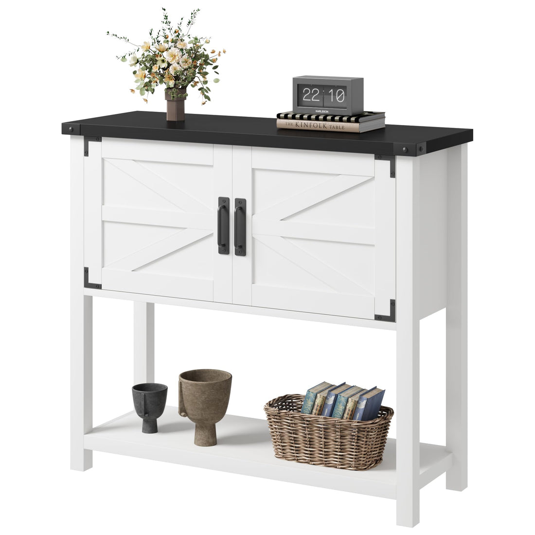 Garvee Farmhouse Entryway Table, Console Table with 2 Storage Cabinets, Coffee Bar Cabinet, Sofa Tables Buffet Sideboard for Kitchen, Hallway, Dining, Living Room-White