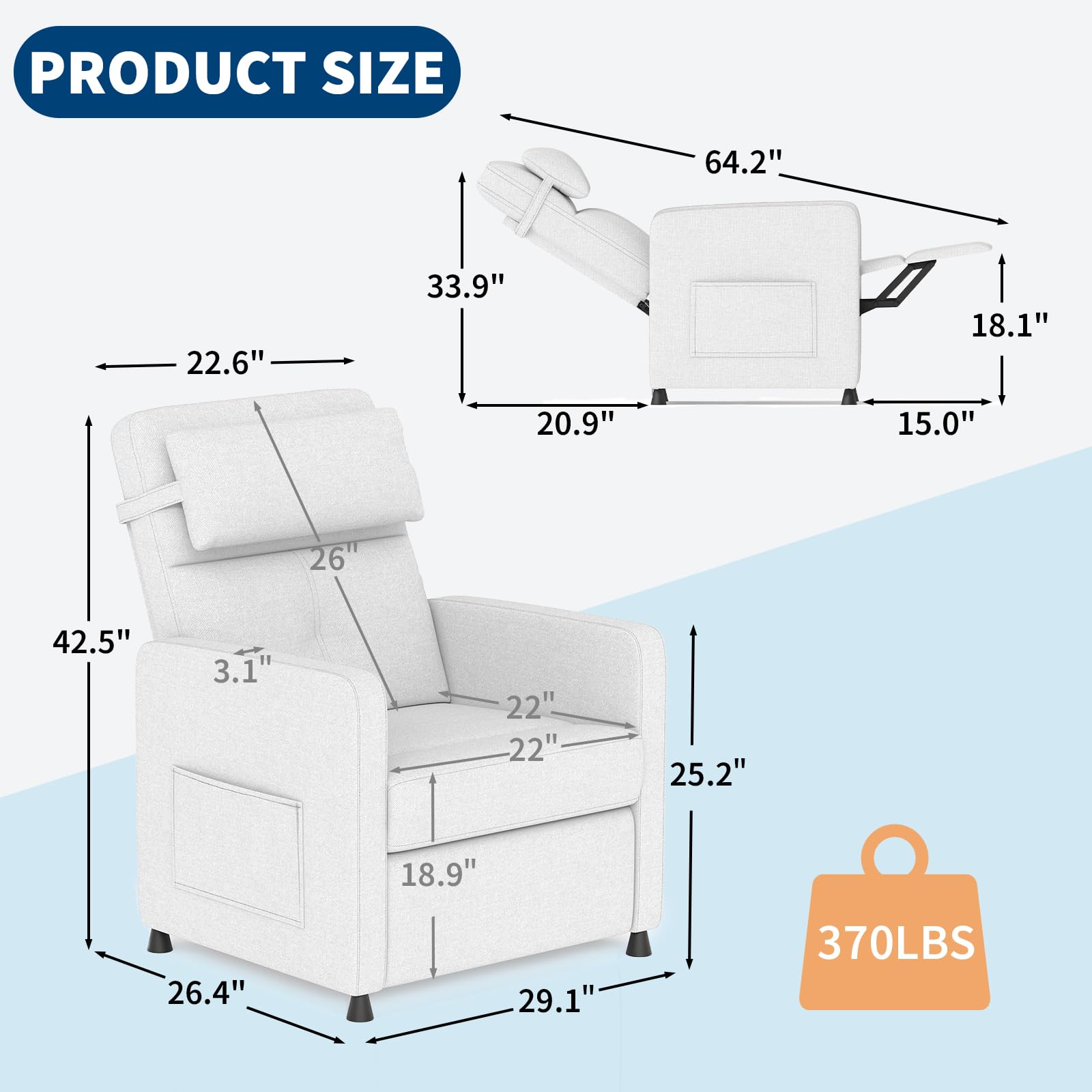 Garvee Power Recliner Chair for Adults, Electric Recliner Adjustable Backrest & Footrest, Ergonomic Overstuffed 1.5X Sponge Padding Durable Frame USB Port Living Room Home Theater, White