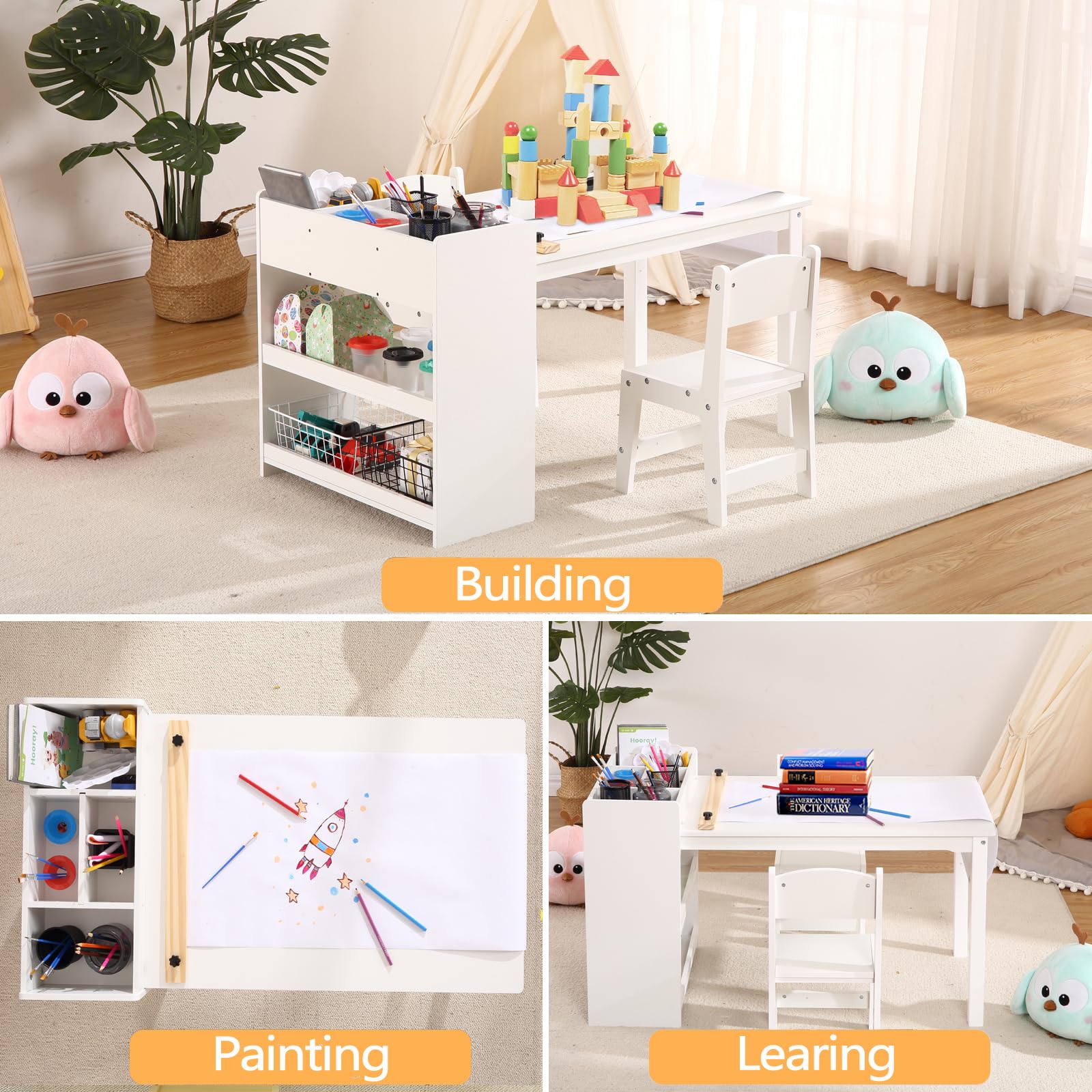 Garvee Kids Art Table with 2 Chairs, Toddler Craft Play Wood Activity Desk with Large Storage Shelves, Wood Activity Desk for Writing Drawing Suitable for Nursery & Classroom, White