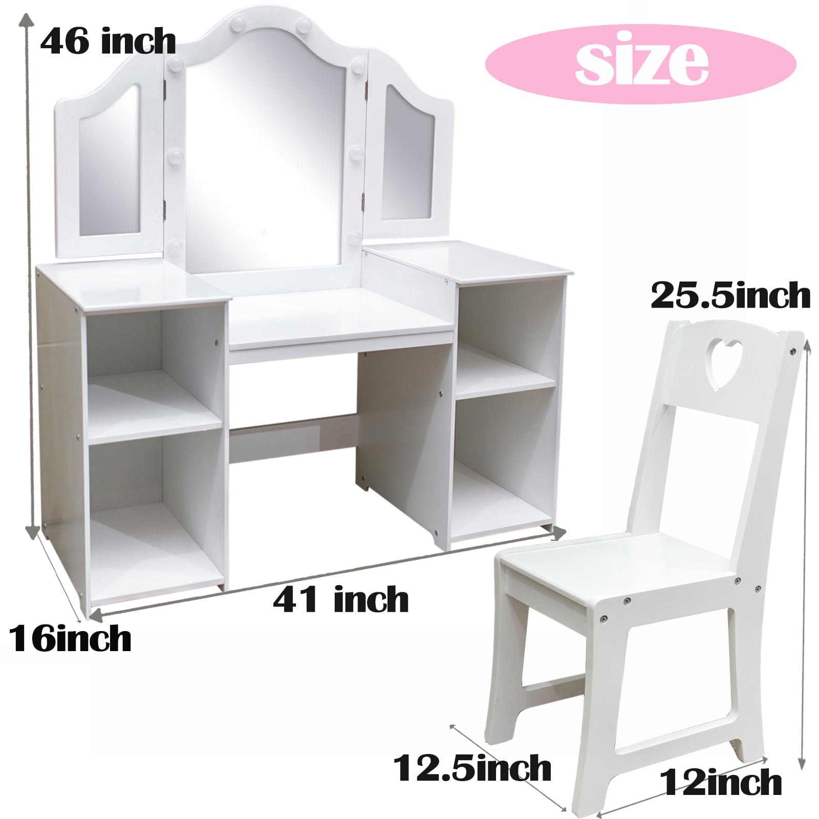 Garvee Kids Vanity Table, Girls 2 in 1 Princess Makeup Desk with Touch Light Detachable Tri-Folding Mirror, Open Storage Shelves, Wood Makeup Playset with Chair, Princess Vanity Table for Little Girls
