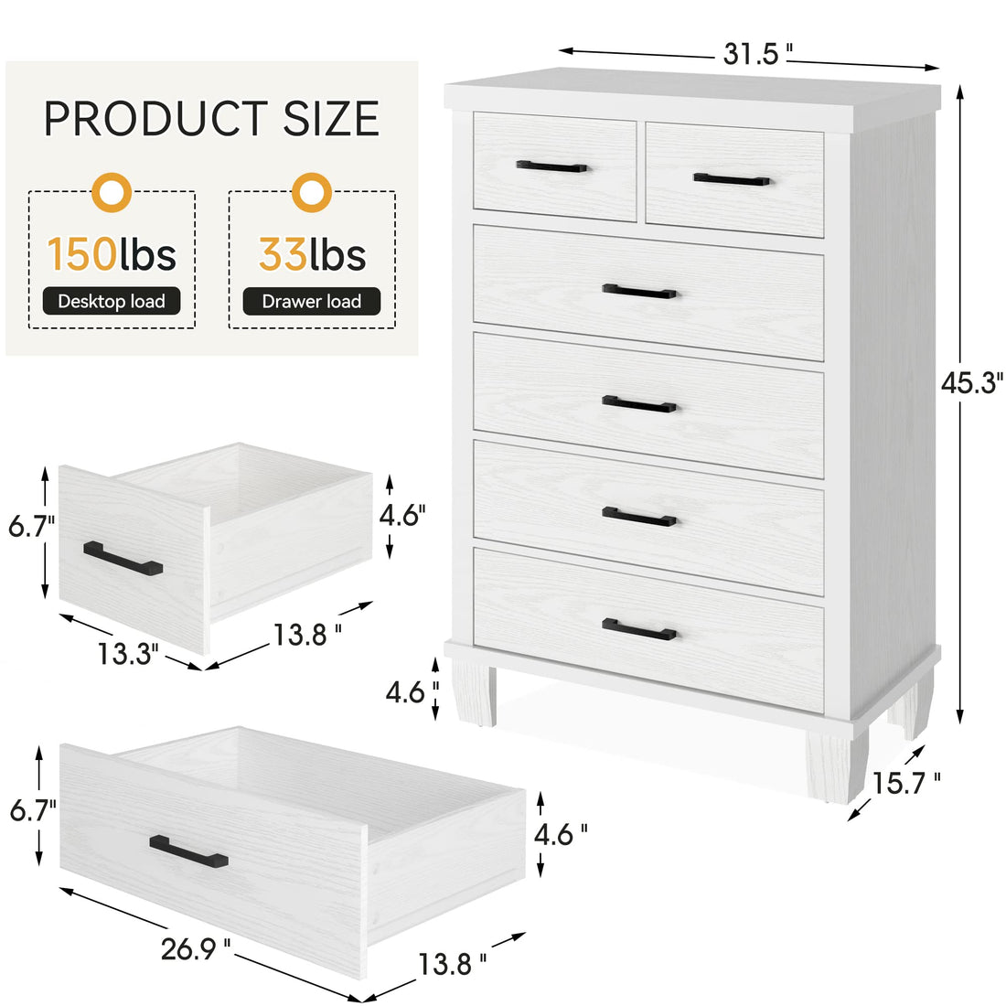 Garvee 6 Drawer Dresser with Metal Handles, White Chest of Drawers Closet Organizers and Storage Clothes, Wood Drawer Dresser for Closet, Living Room, Hallway, Kids Room - White