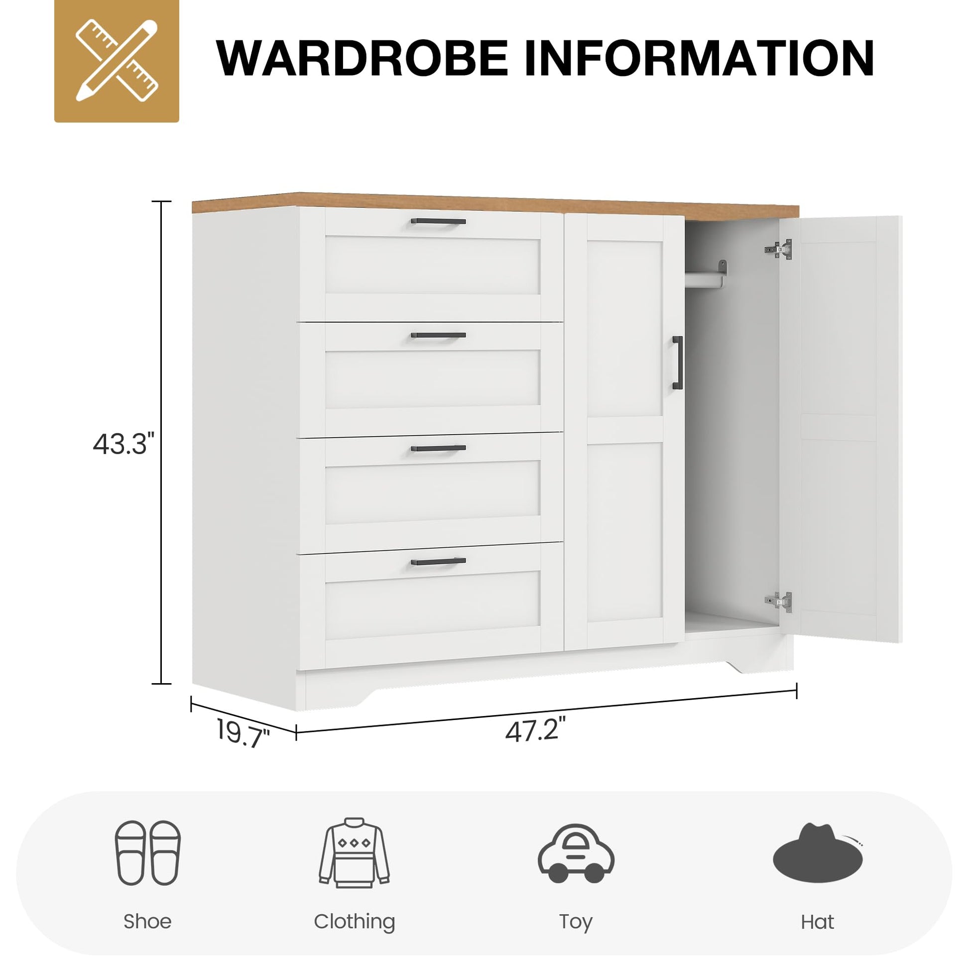 Garvee Multifunctional Wooden Dresser for Bedroom, 43.3'' H 2 Door Wardrobe Armoire Closet with 4 Drawers and Hanging Rod, Low Storage Cabinet for Hanging Cloth, White and Brown