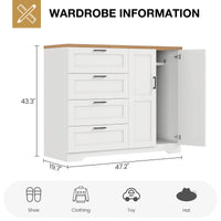 Garvee Multifunctional Wooden Dresser for Bedroom, 43.3'' H 2 Door Wardrobe Armoire Closet with 4 Drawers and Hanging Rod, Low Storage Cabinet for Hanging Cloth, White and Brown