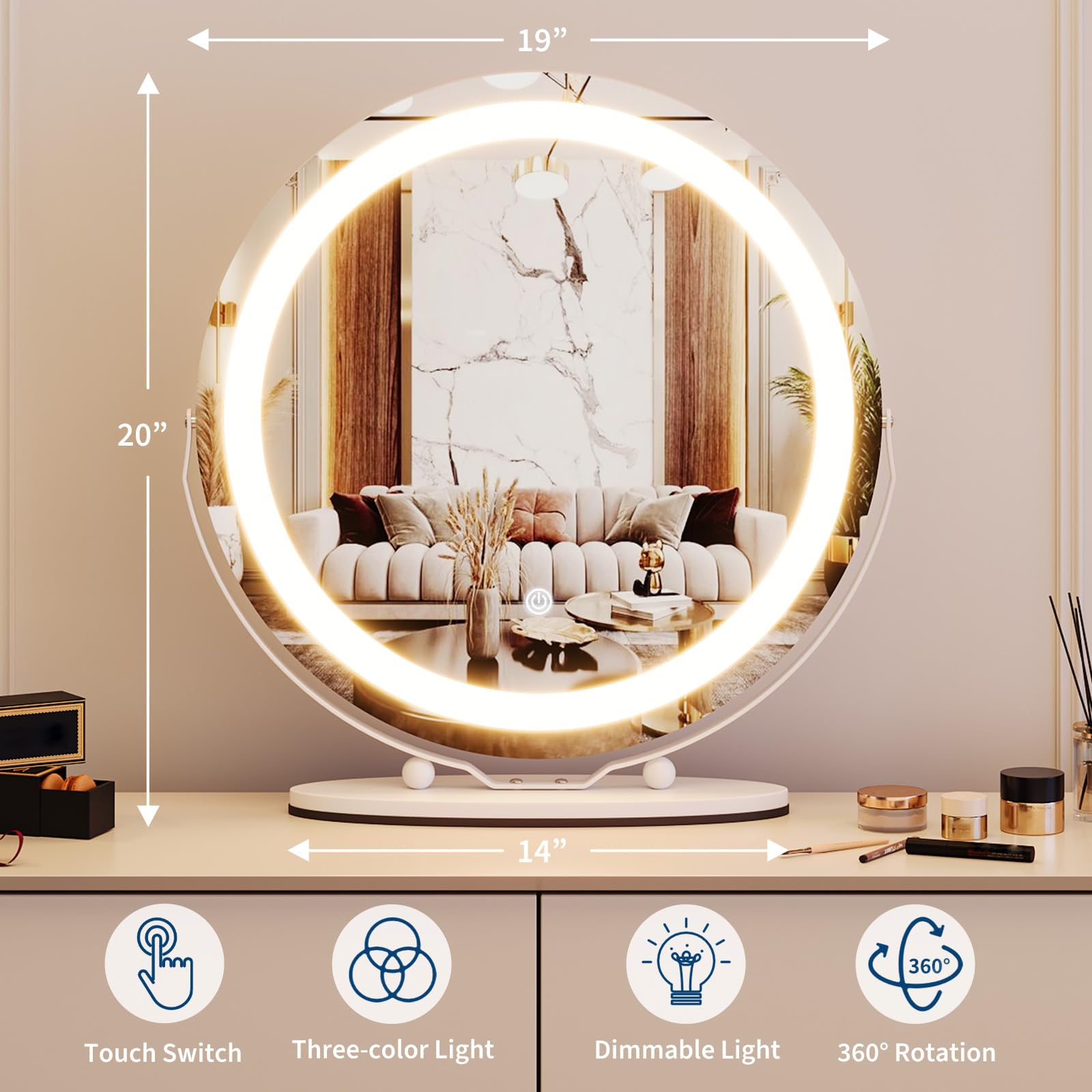 Garvee 19" Vanity Mirror with Led Lights, Large Round Makeup Mirror with Touch Control and 3 Color Lighting Modes, 360° Rotating Vanity Mirror for Bedroom, Table Top, Easy to Install, White