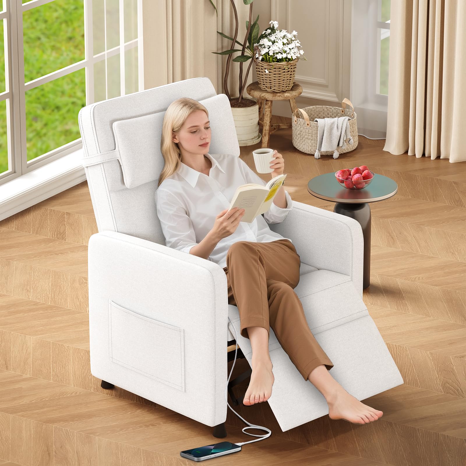 Garvee Power Recliner Chair for Adults, Electric Recliner Adjustable Backrest & Footrest, Ergonomic Overstuffed 1.5X Sponge Padding Durable Frame USB Port Living Room Home Theater, White