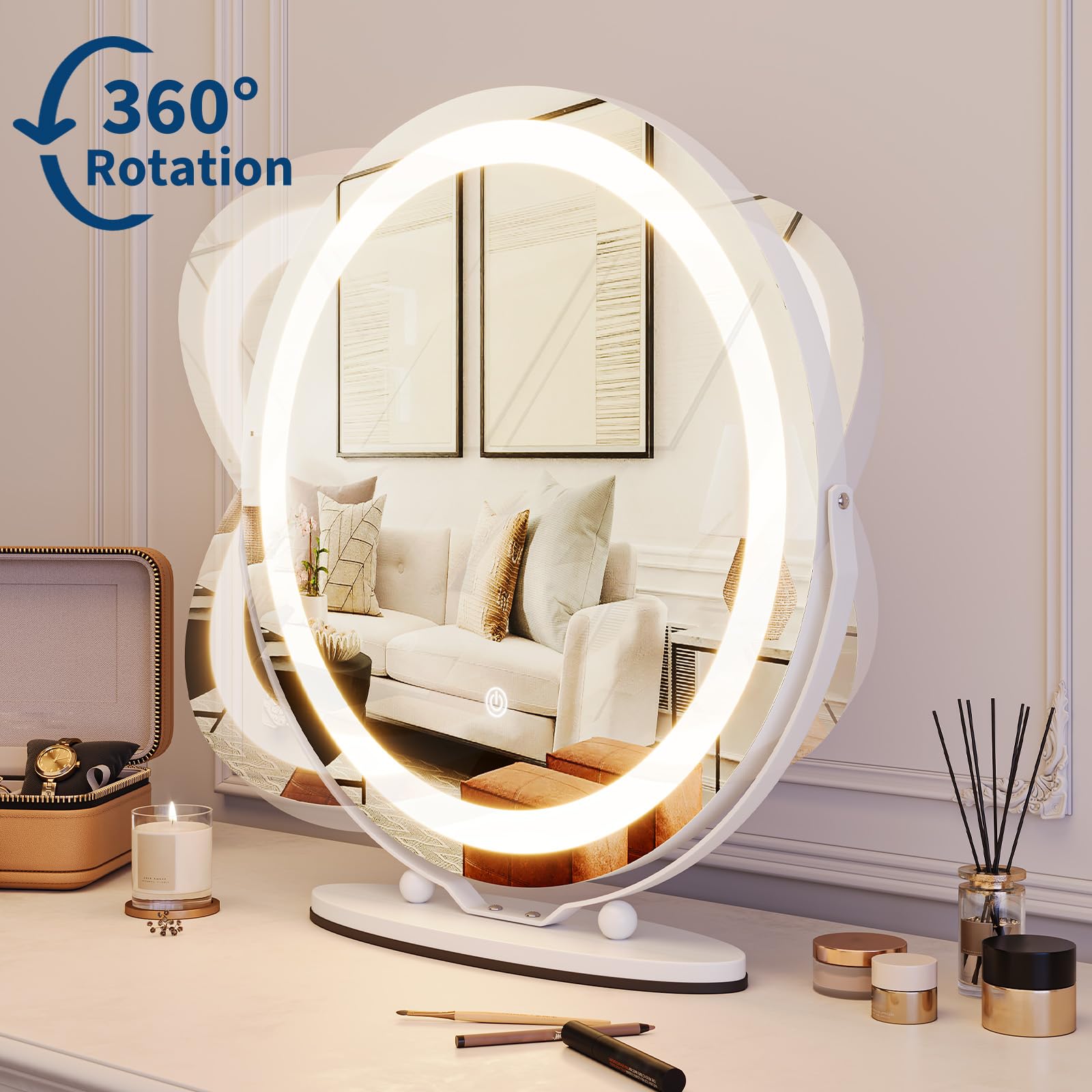 Garvee 19" Vanity Mirror with Led Lights, Large Round Makeup Mirror with Touch Control and 3 Color Lighting Modes, 360° Rotating Vanity Mirror for Bedroom, Table Top, Easy to Install, White