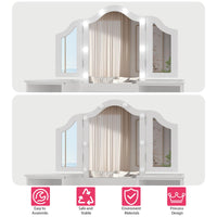 Garvee Kids Vanity Table, Girls 2 in 1 Princess Makeup Desk with Touch Light Detachable Tri-Folding Mirror, Open Storage Shelves, Wood Makeup Playset with Chair, Princess Vanity Table for Little Girls