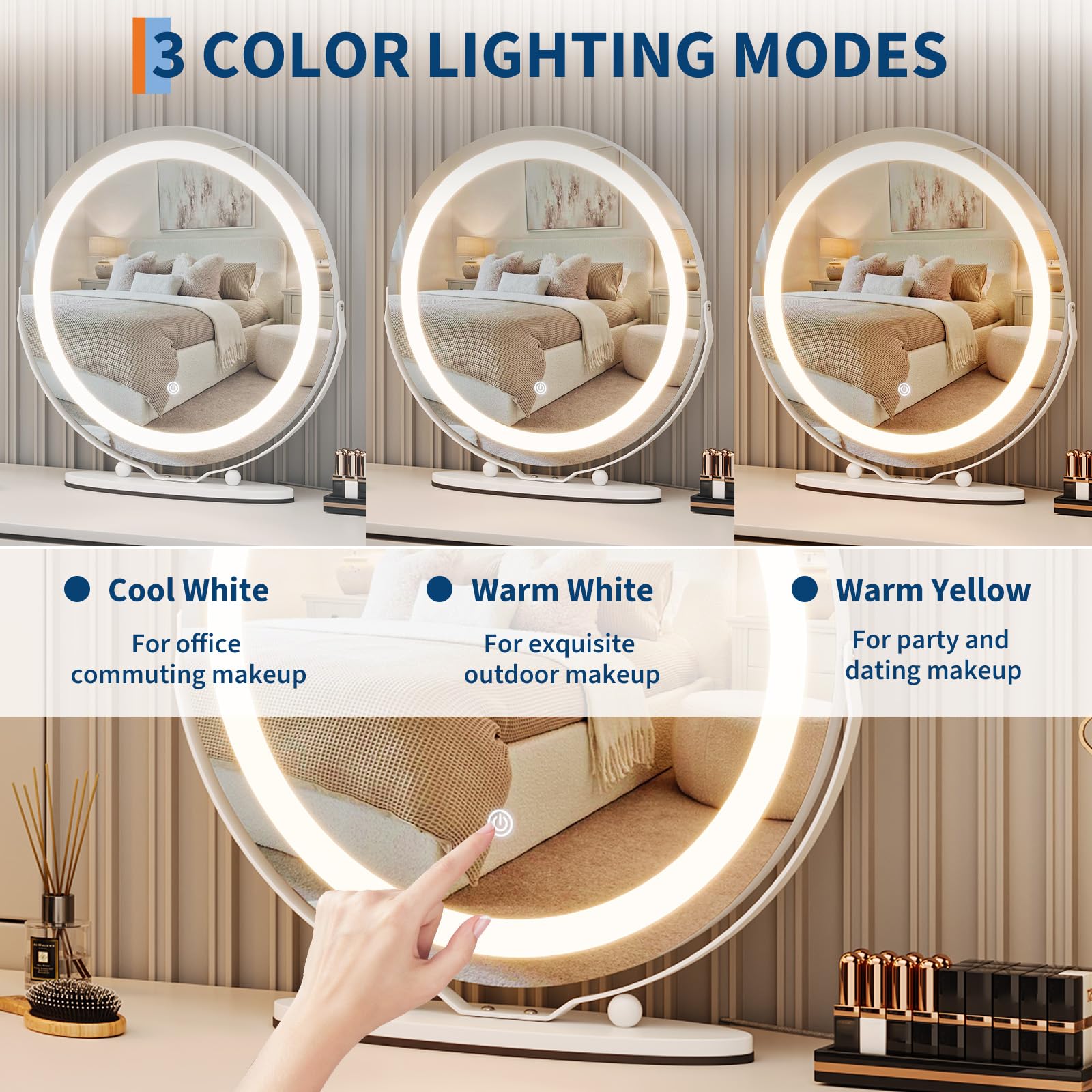 Garvee 19" Vanity Mirror with Led Lights, Large Round Makeup Mirror with Touch Control and 3 Color Lighting Modes, 360° Rotating Vanity Mirror for Bedroom, Table Top, Easy to Install, White