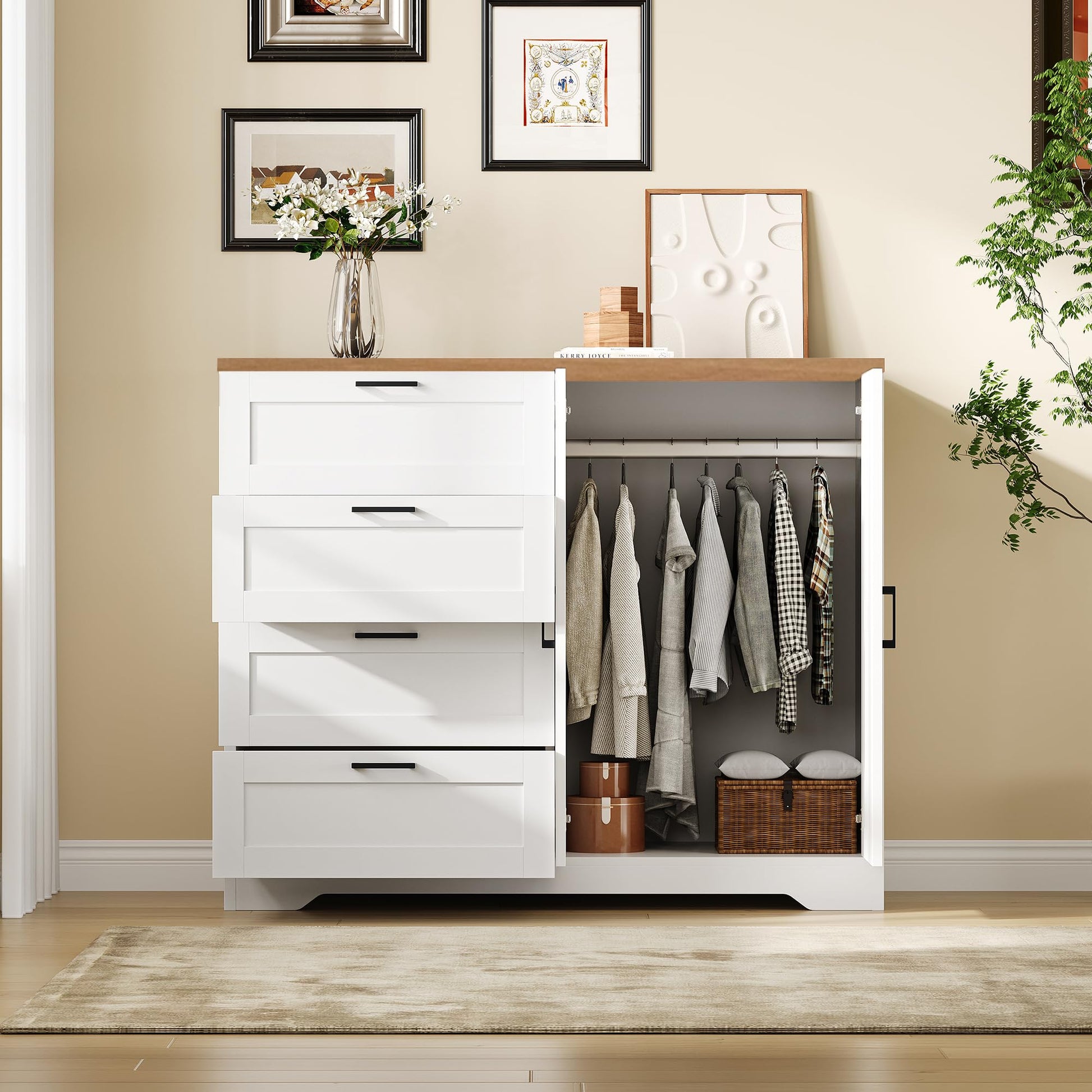 Garvee Multifunctional Wooden Dresser for Bedroom, 43.3'' H 2 Door Wardrobe Armoire Closet with 4 Drawers and Hanging Rod, Low Storage Cabinet for Hanging Cloth, White and Brown