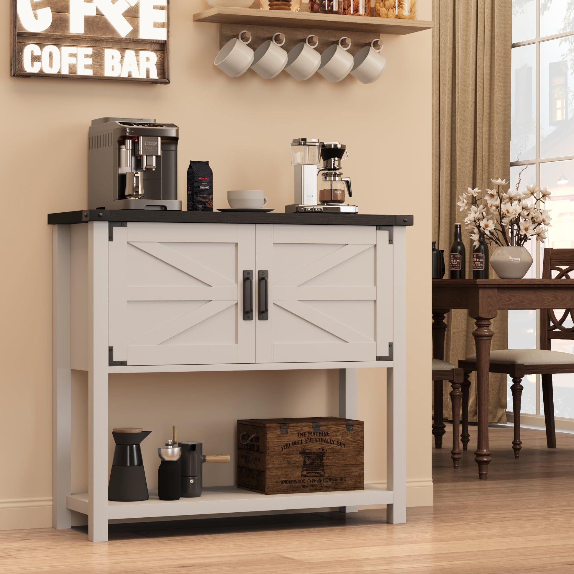 Garvee Farmhouse Entryway Table, Console Table with 2 Storage Cabinets, Coffee Bar Cabinet, Sofa Tables Buffet Sideboard for Kitchen, Hallway, Dining, Living Room-White