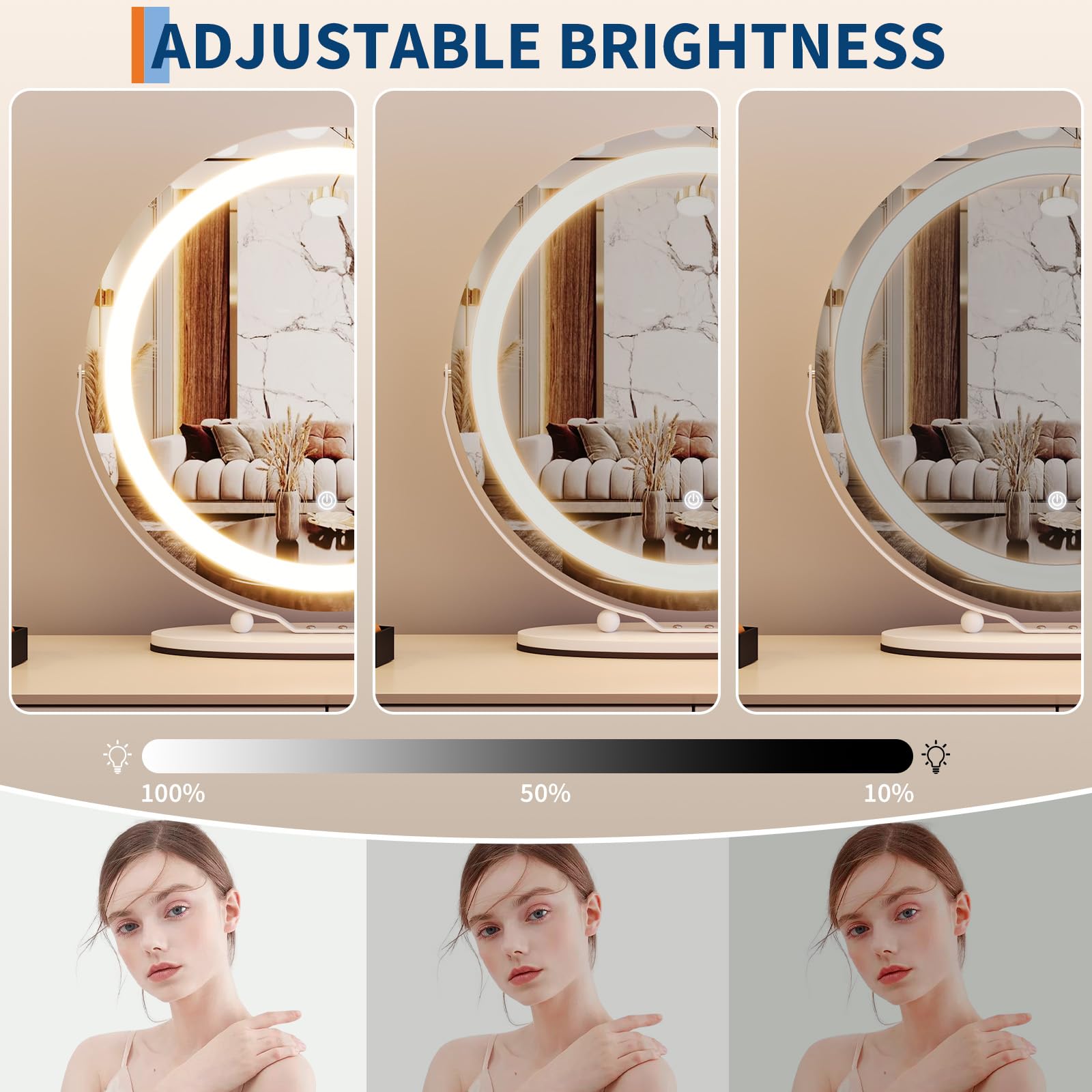 Garvee 19" Vanity Mirror with Led Lights, Large Round Makeup Mirror with Touch Control and 3 Color Lighting Modes, 360° Rotating Vanity Mirror for Bedroom, Table Top, Easy to Install, White