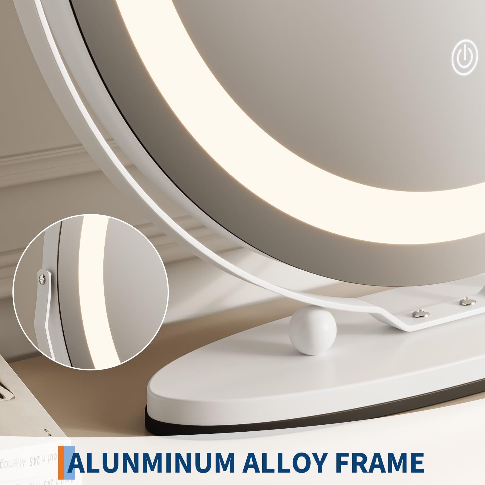 Garvee 19" Vanity Mirror with Led Lights, Large Round Makeup Mirror with Touch Control and 3 Color Lighting Modes, 360° Rotating Vanity Mirror for Bedroom, Table Top, Easy to Install, White