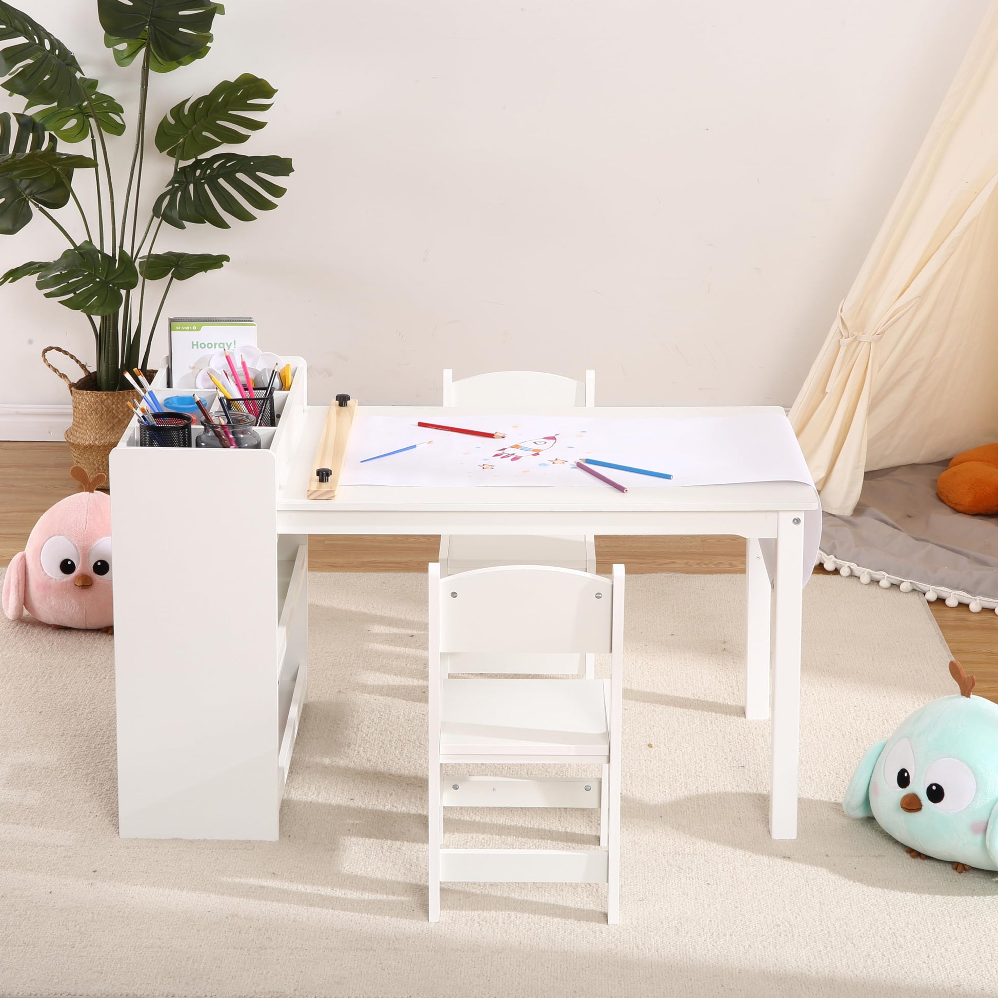 Garvee Kids Art Table with 2 Chairs, Toddler Craft Play Wood Activity Desk with Large Storage Shelves, Wood Activity Desk for Writing Drawing Suitable for Nursery & Classroom, White