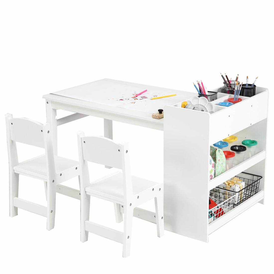 Garvee Kids Art Table with 2 Chairs, Toddler Craft Play Wood Activity Desk with Large Storage Shelves, Wood Activity Desk for Writing Drawing Suitable for Nursery & Classroom, White