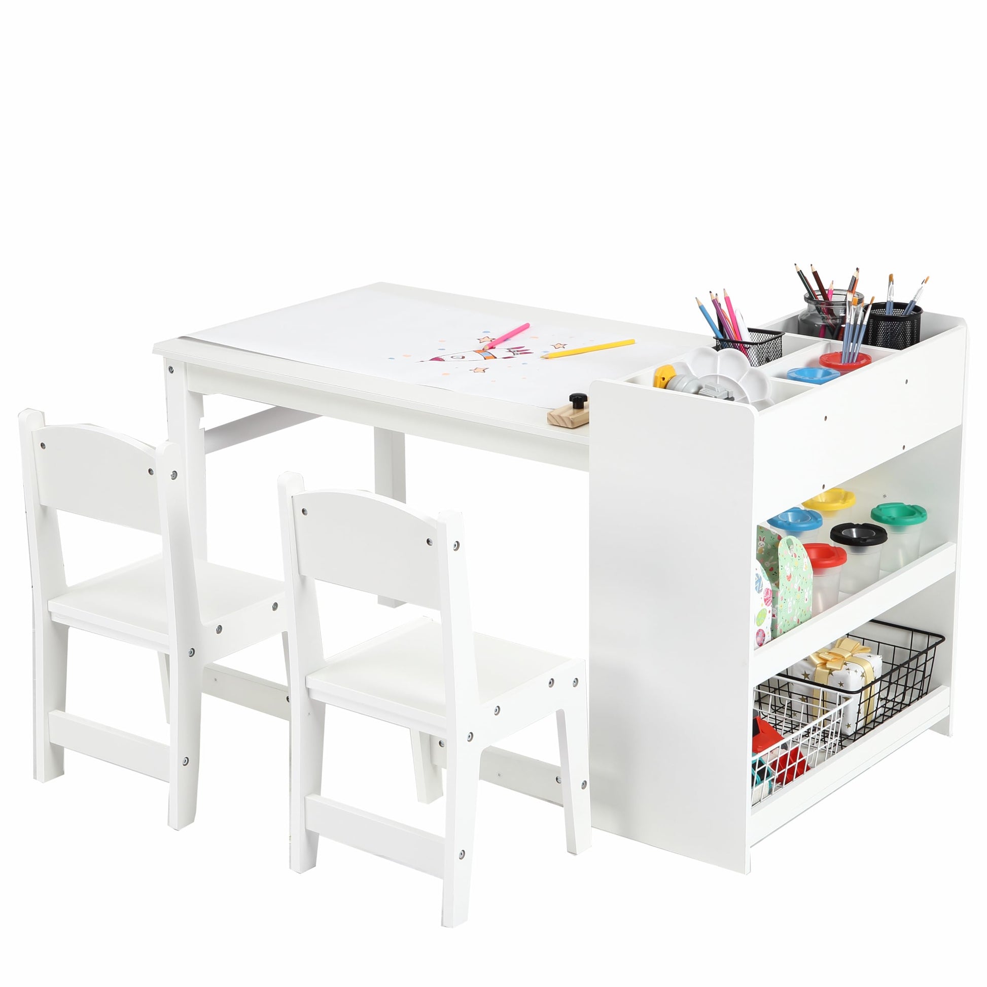 Garvee Kids Art Table with 2 Chairs, Toddler Craft Play Wood Activity Desk with Large Storage Shelves, Wood Activity Desk for Writing Drawing Suitable for Nursery & Classroom, White
