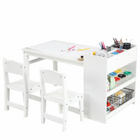 Garvee Kids Art Table with 2 Chairs, Toddler Craft Play Wood Activity Desk with Large Storage Shelves, Wood Activity Desk for Writing Drawing Suitable for Nursery & Classroom, White