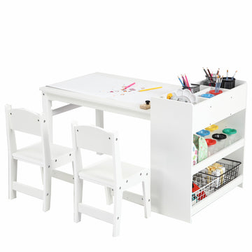 Garvee Kids Art Table with 2 Chairs, Toddler Craft Play Wood Activity Desk with Large Storage Shelves, Wood Activity Desk for Writing Drawing Suitable for Nursery & Classroom, White