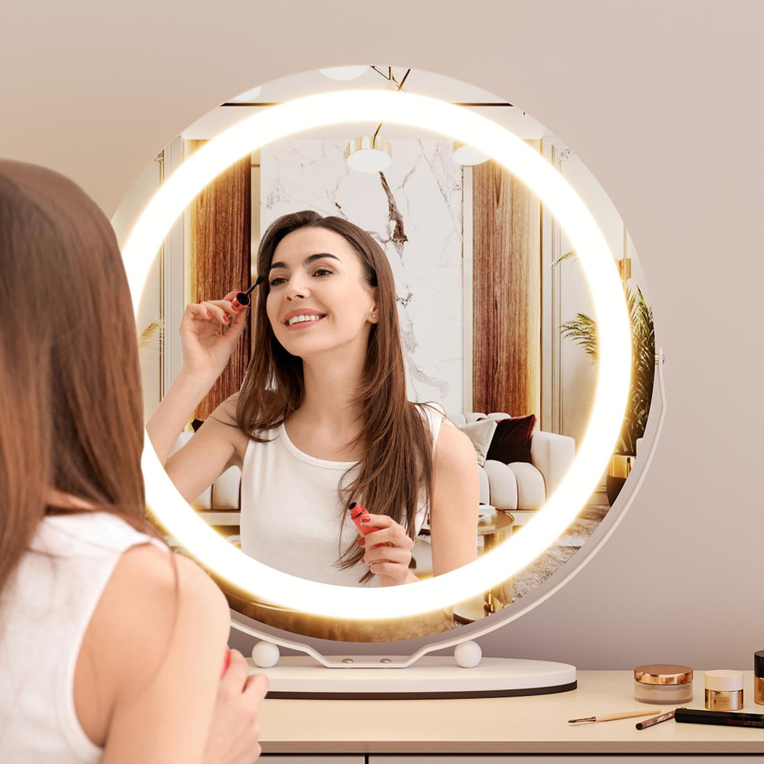 Garvee 19" Vanity Mirror with Led Lights, Large Round Makeup Mirror with Touch Control and 3 Color Lighting Modes, 360° Rotating Vanity Mirror for Bedroom, Table Top, Easy to Install, White
