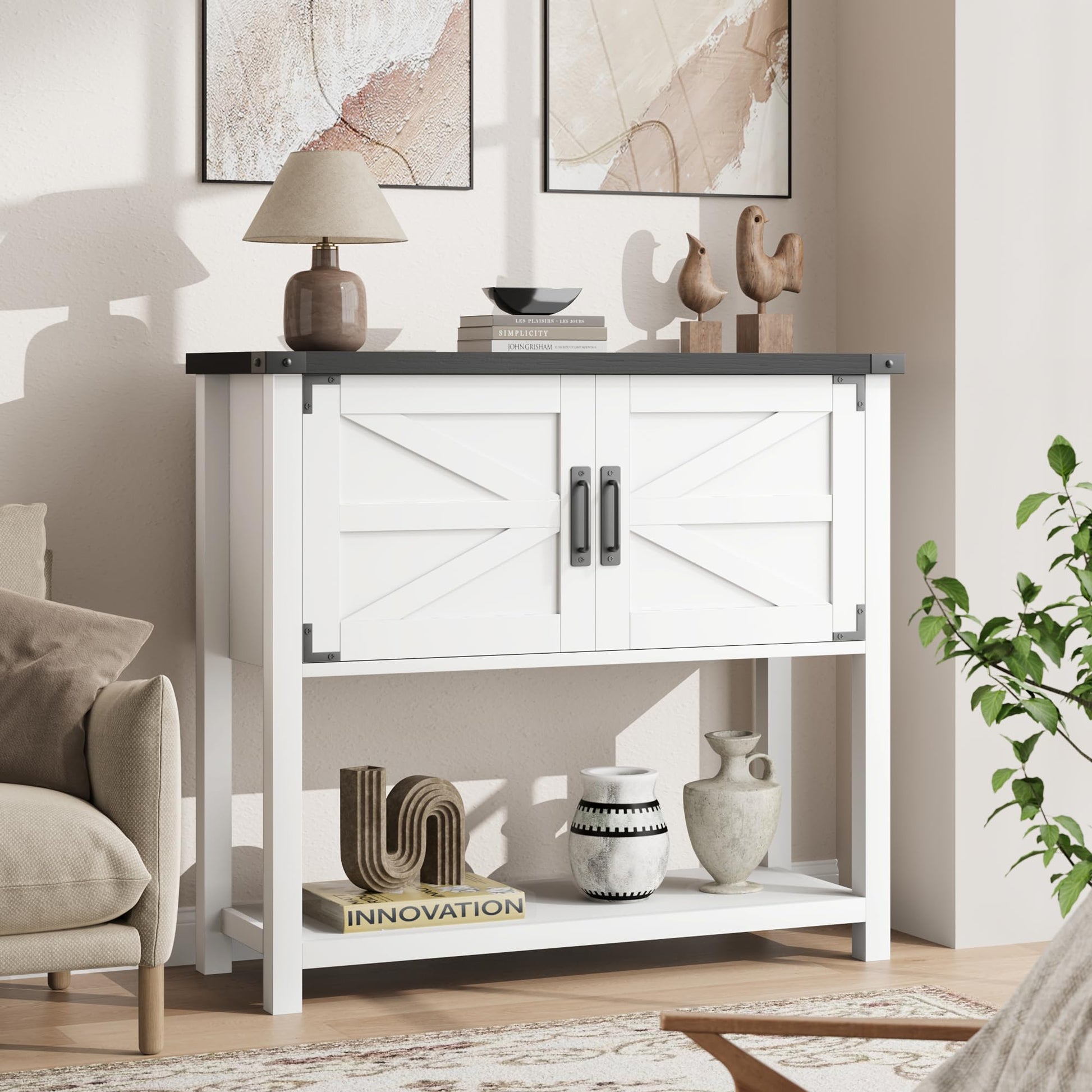 Garvee Farmhouse Entryway Table, Console Table with 2 Storage Cabinets, Coffee Bar Cabinet, Sofa Tables Buffet Sideboard for Kitchen, Hallway, Dining, Living Room-White