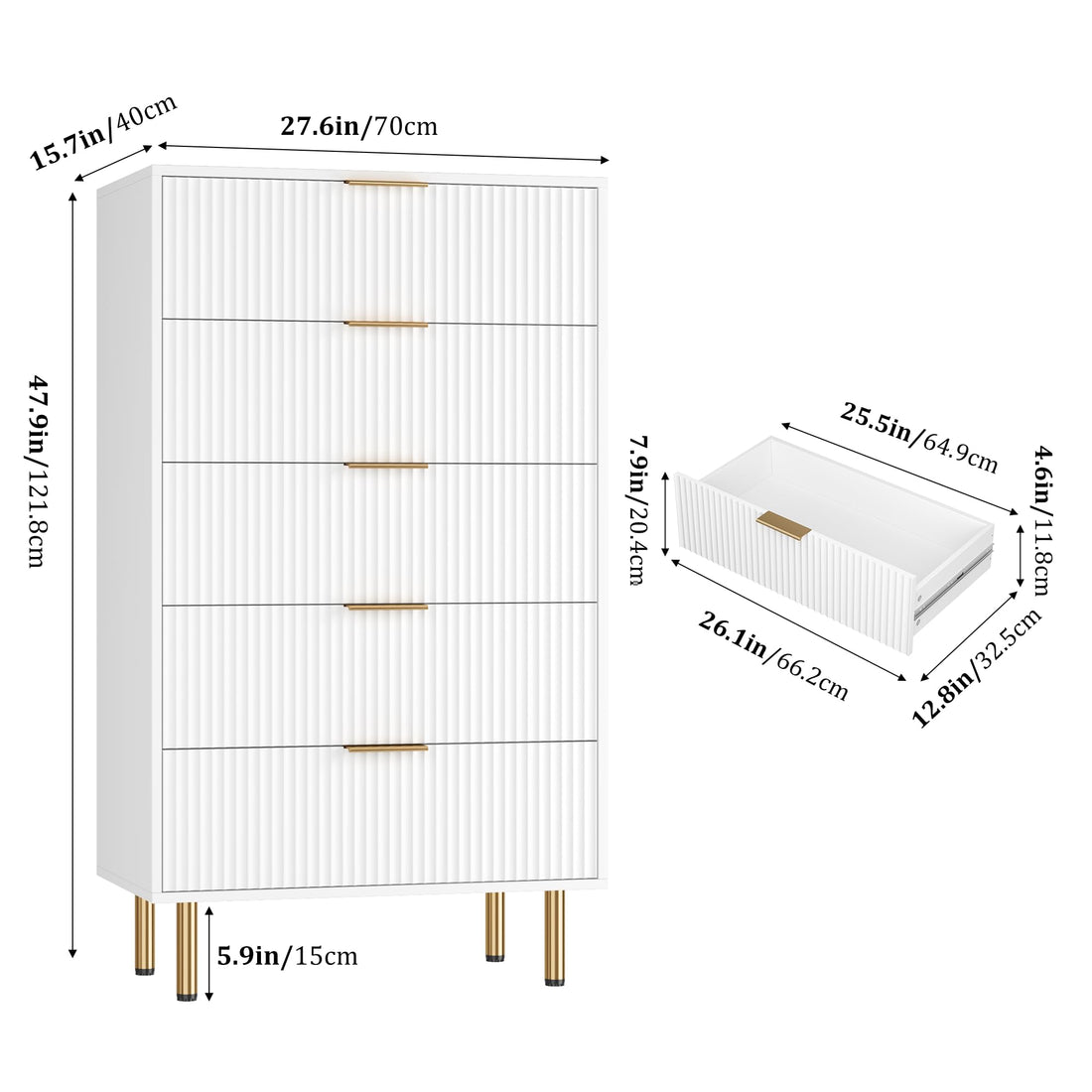 Garvee Fluted Dresser with 5 Drawers, 48" Tall Modern Chest of Drawers with Curved Profile Design, Wood Drawer Organizer for Bedroom, Living Room, Hallway