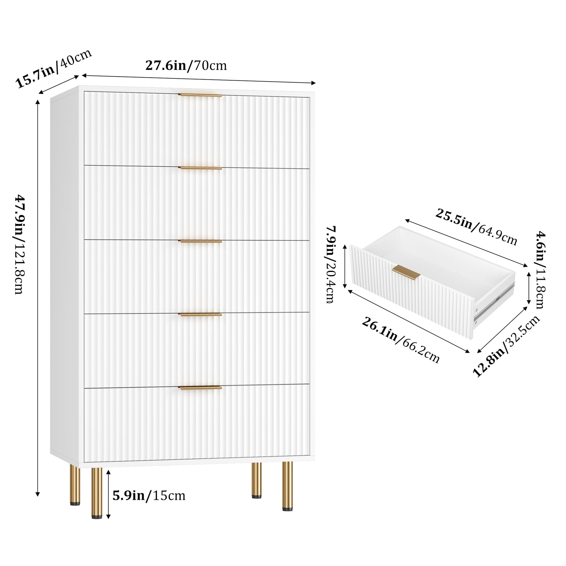 Garvee Fluted Dresser with 5 Drawers, 48" Tall Modern Chest of Drawers with Curved Profile Design, Wood Drawer Organizer for Bedroom, Living Room, Hallway