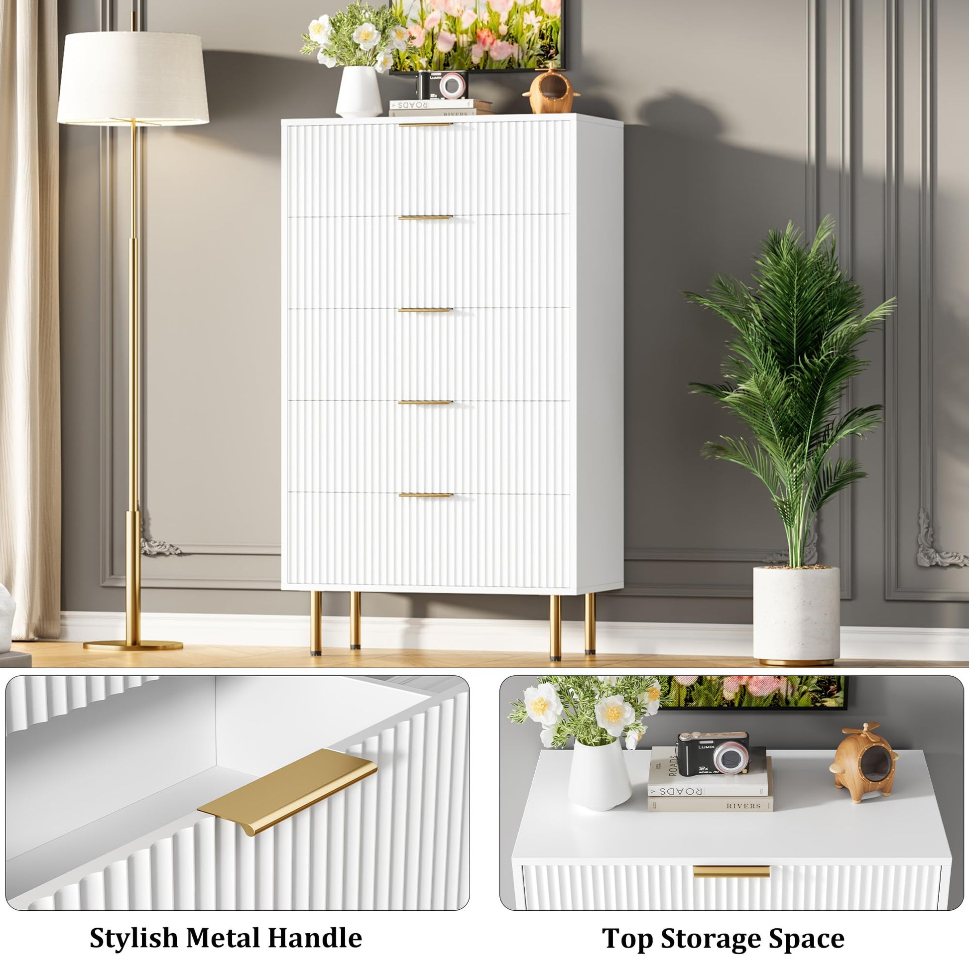 Garvee Fluted Dresser with 5 Drawers, 48" Tall Modern Chest of Drawers with Curved Profile Design, Wood Drawer Organizer for Bedroom, Living Room, Hallway