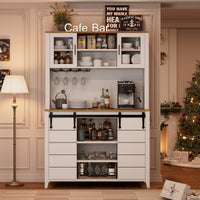 Garvee 70'' Wine Coffee Bar Cabinet with Storage Hutch, Tall Kitchen Pantry Liquor Cabinet with Sliding Barn Doors, Bottle Glasses Rack, Farmhouse Buffet for Home Dining Room, White