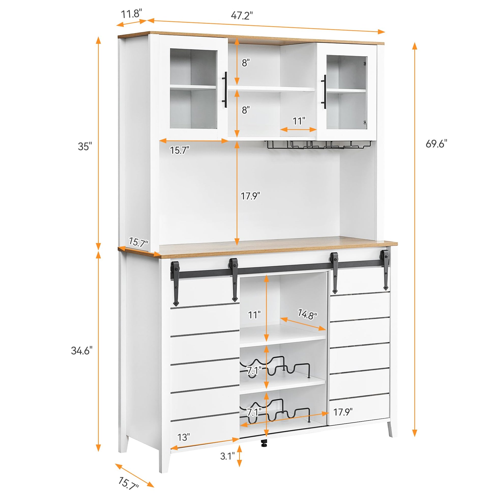 White and gray modern kitchen or bar cabinet with open shelves, glassware, and wine bottles, in a stylish home interior.