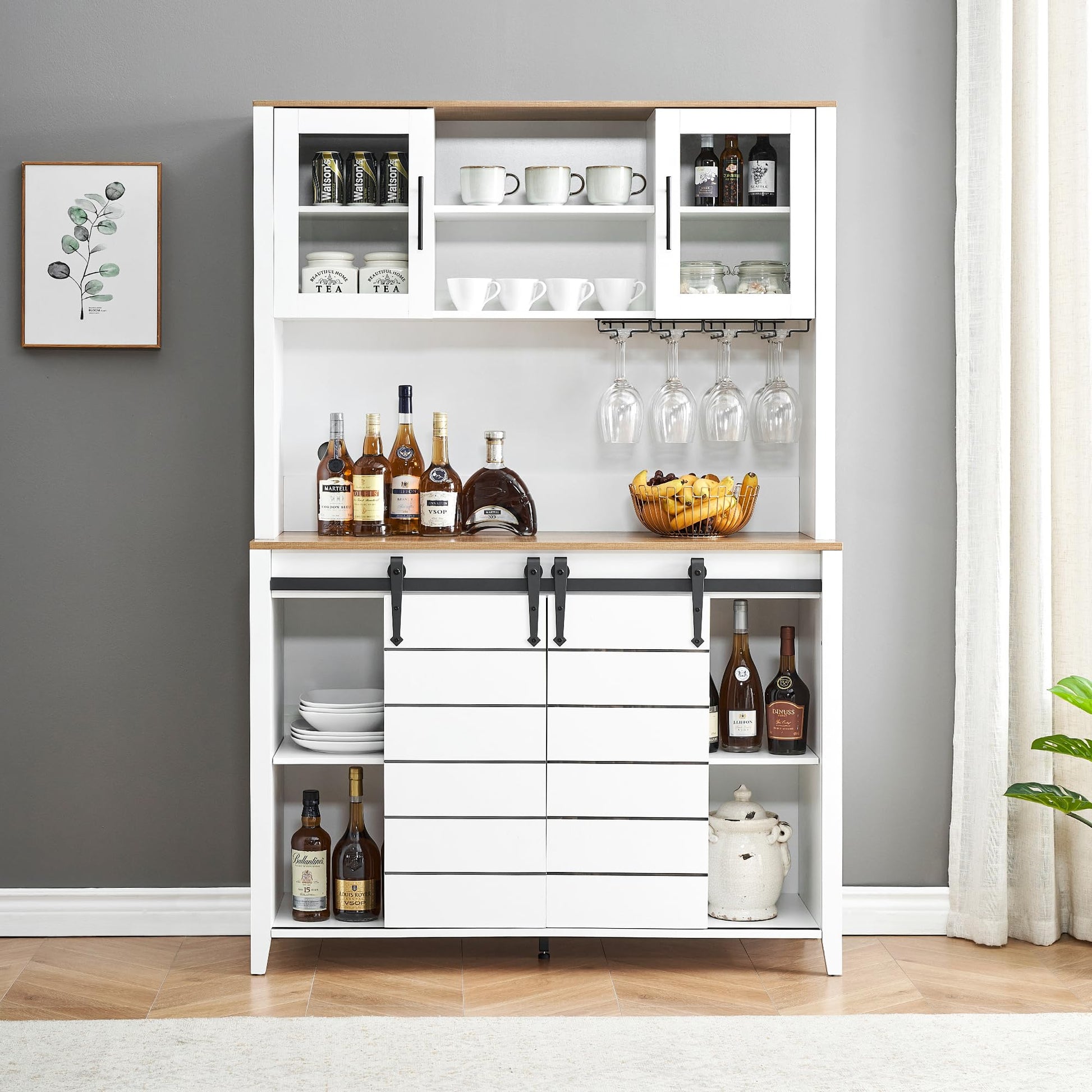 Garvee 70'' Wine Coffee Bar Cabinet with Storage Hutch, Tall Kitchen Pantry Liquor Cabinet with Sliding Barn Doors, Bottle Glasses Rack, Farmhouse Buffet for Home Dining Room, White