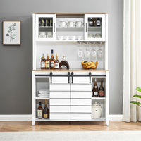 Garvee 70'' Wine Coffee Bar Cabinet with Storage Hutch, Tall Kitchen Pantry Liquor Cabinet with Sliding Barn Doors, Bottle Glasses Rack, Farmhouse Buffet for Home Dining Room, White