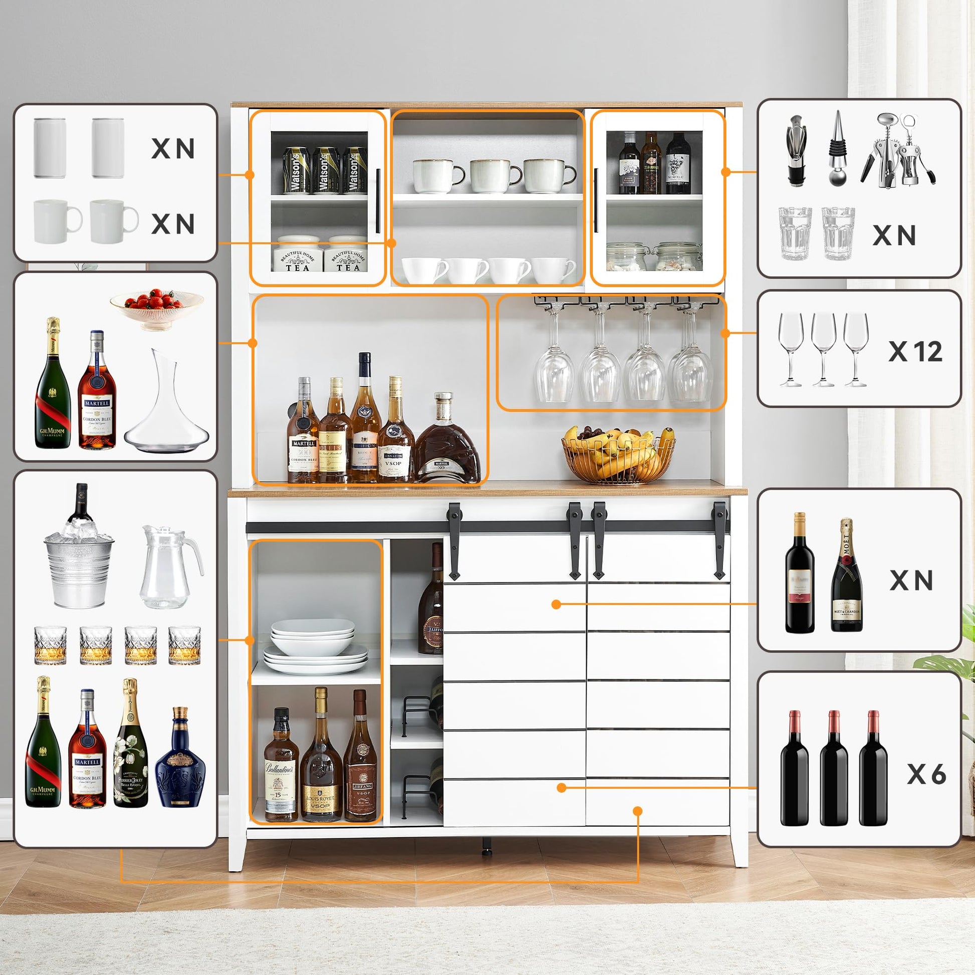 Garvee 70'' Wine Coffee Bar Cabinet with Storage Hutch, Tall Kitchen Pantry Liquor Cabinet with Sliding Barn Doors, Bottle Glasses Rack, Farmhouse Buffet for Home Dining Room, White