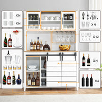Garvee 70'' Wine Coffee Bar Cabinet with Storage Hutch, Tall Kitchen Pantry Liquor Cabinet with Sliding Barn Doors, Bottle Glasses Rack, Farmhouse Buffet for Home Dining Room, White