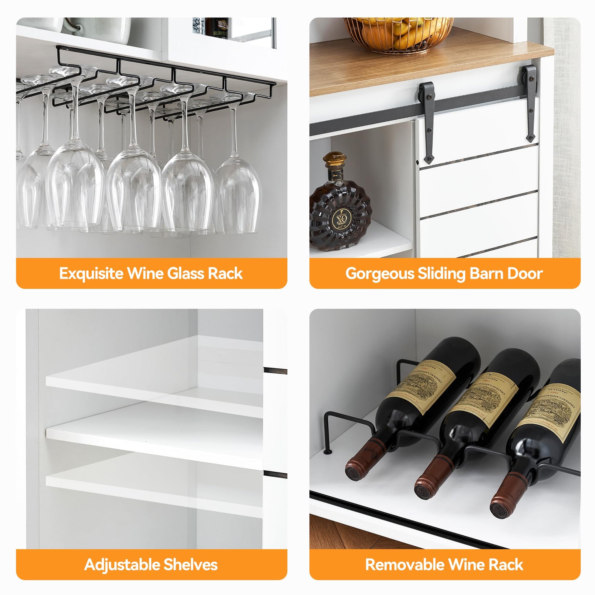 Garvee 70'' Wine Coffee Bar Cabinet with Storage Hutch, Tall Kitchen Pantry Liquor Cabinet with Sliding Barn Doors, Bottle Glasses Rack, Farmhouse Buffet for Home Dining Room, White